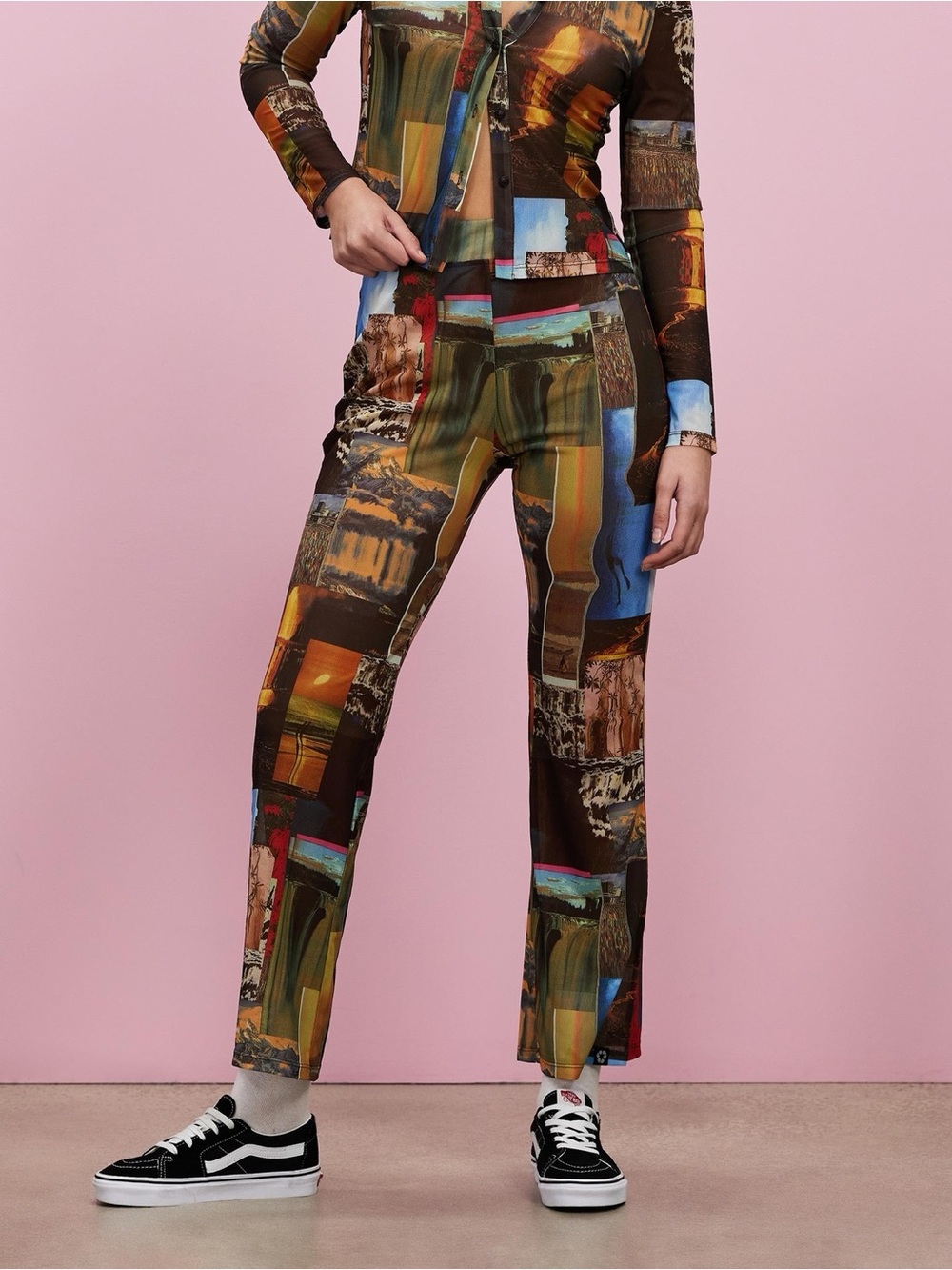 Afends Boulevard Recycled Sheer Flared Pants in photo print size XS